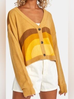 RVCA Dana Trippe Pioneer Cardigan Mustard Rainbow Cropped Women’s M